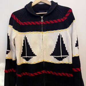 Vintage 90’s Nautical Shawl Collar Sailboat Cotton Cardigan Liz Claiborne L